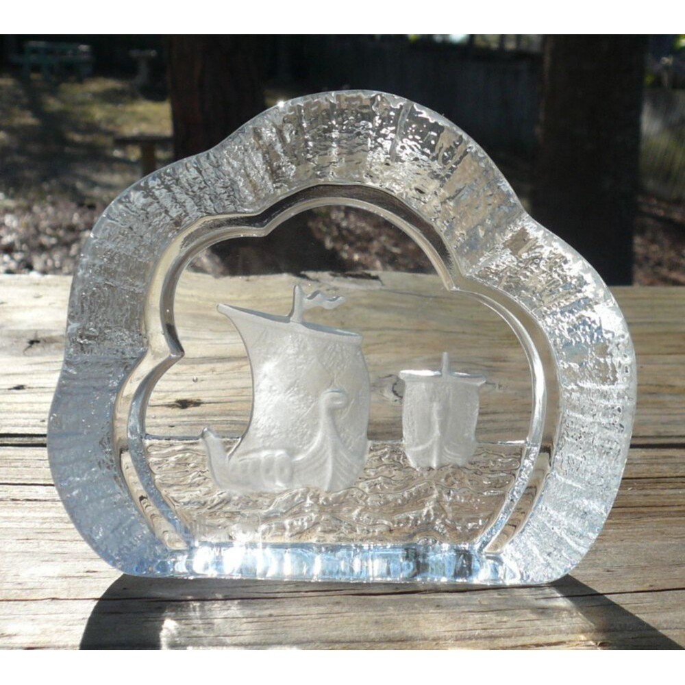 1970's Nybro Sweden Glass Paperweight Viking Ships Ice 4" with Label